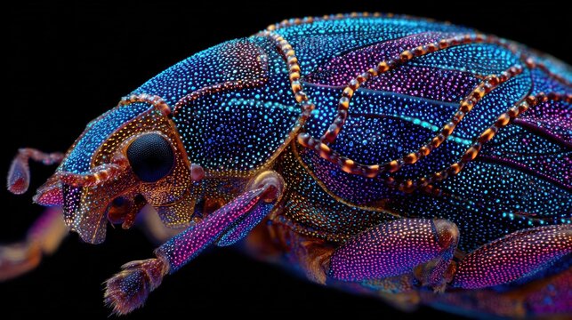 Extremely detailed macro of an iridescent beetle on a stark black background