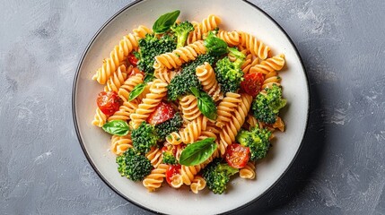 Colorful Plate of Rotini Pasta with Fresh Broccoli, Cherry Tomatoes, and Basil on Gray Surface