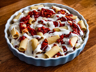 Cooking bolognese pasta casserole - rigatoni noodles with bolognese sauce, mozzarella cheese and béchamel sauce on wooden table