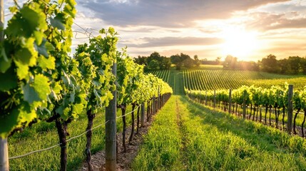 Naklejka premium Lush Green Vineyard Rows Under Warm Sunrise with Dramatic Clouds and Rolling Hills in the Background