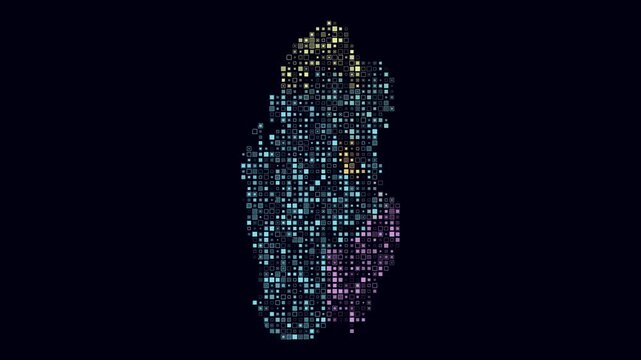 Qatar animated country shape. Pulsating colored dots on the map of the country. Small size square blocks. Digital style Qatar map on dark background. Creative animation video.