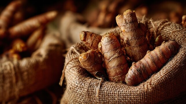 Fresh turmeric roots in burlap sack