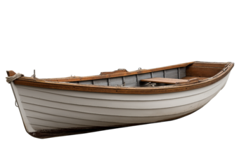 Small wooden rowing boat side view isolated on a transparent background