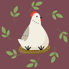 Vector flat style chicken cute character hand drawn, poultry with wreath