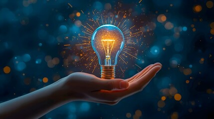 Hand presenting glowing light bulb explosion representing creative energy