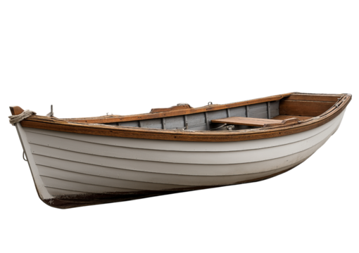 Small wooden rowing boat side view isolated on a transparent background