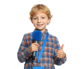 Young Reporter Giving Thumbs Up with Microphone isolated on a transparent background