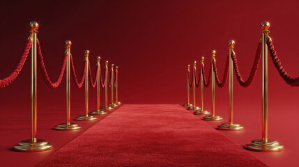 Red carpet and red velvet rope barrier with golden poles.