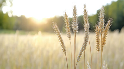 Fototapeta premium Soft focus shot of wheat in field, illuminated by warm sunlight, creating serene atmosphere