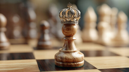 Chess pawn with crown on chess board game. Success strategy startup business concept.