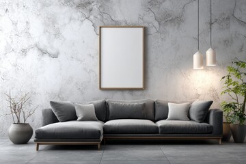 Modern living room with gray sectional sofa and blank picture frame.