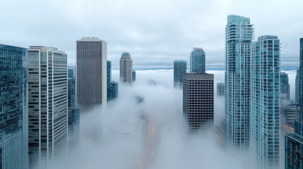 Modern city skyline shrouded in soft fog, creating ethereal and calm atmosphere
