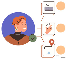 Profile of user with decision flow chart showing keyboard, hand gesture, location icons. Ideal for technology, user interface, decision making, education, digital tools, map apps flat metaphor