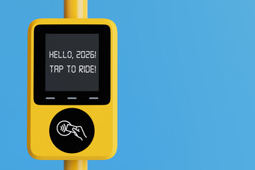 Smart Transport Concept. Yellow Contactless Bus Ticket Validator Displaying Welcome Message For...