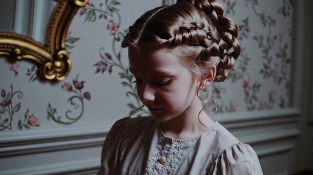 Jeune fille en robe ancienne dans un int&eacute;rieur vintage fleuri