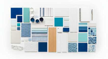 An overhead shot of blue and white tiles, paint samples, and design elements arranged on a white background, isolated on white background