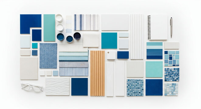 An overhead shot of blue and white tiles, paint samples, and design elements arranged on a white background, isolated on white background