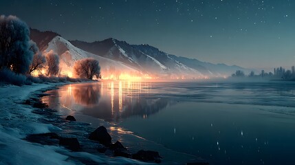Winter landscape with snow covered mountains lake and trees reflecting light at night with starry sky