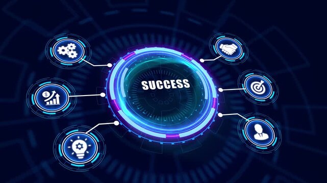Modern futuristic animation showcasing business success, growth, leadership, innovation, and financial progress through technology