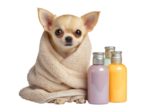 Pampered Chihuahua Puppy Wrapped in Towel After Bath with Pet Grooming Products isolated on a transparent background