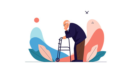 Elderly man using a walker for support walking slowly.