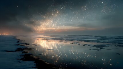 Ocean view at night with stars and reflections on the water surface and fog in the distance