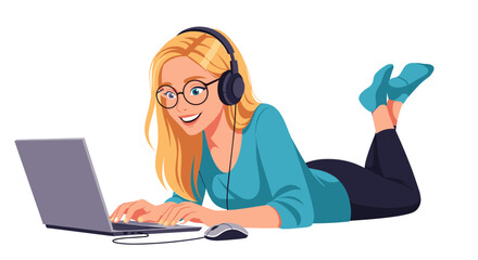 Woman working on laptop with headphones and mouse.