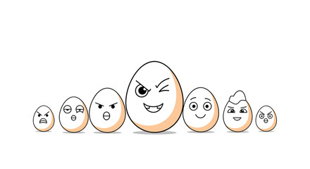 Egg characters with different expressions and emotions in a row.