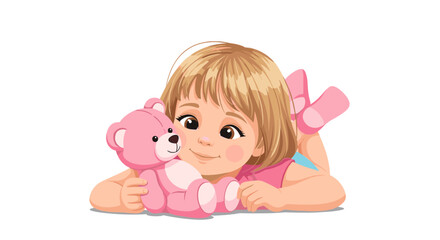 Young girl embraces pink teddy bear smiling happily lying down.