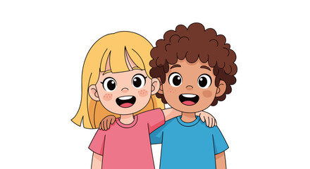 Two happy children with arms around each other.