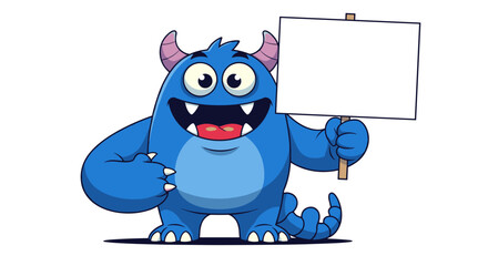 Blue monster holding blank sign for advertisement.