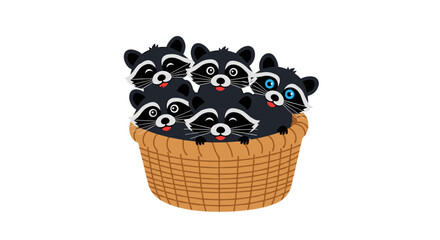 Adorable raccoons huddled together inside a woven basket smiling.