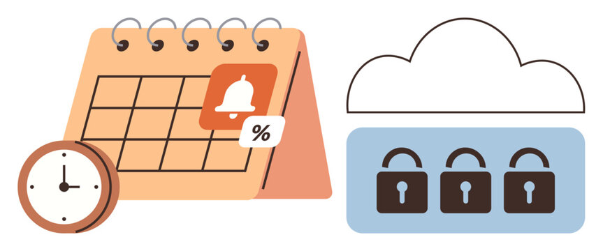 Calendar with notification and clock, cloud storage secured with locks. Ideal for scheduling, organization, cybersecurity, data protection, reminders, punctuality storage security. Simple flat