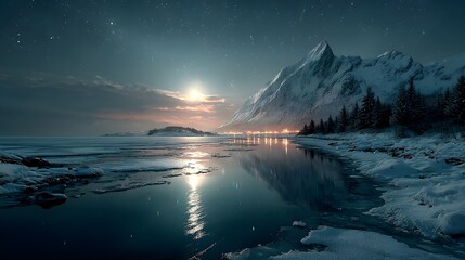 Snowy mountain range reflecting in calm water under a starry night sky with moonlight glow above