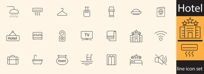 hotel line icon set . Hotel facilities icon set with services like swimming pool, restaurant, gym, and airport shuttle