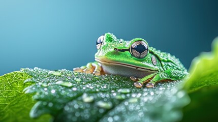 Frog Close up of a vibrant green frog resting on a leaf with dewdrops glistening in soft light.