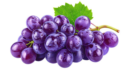 Purple grapes clustered with a leaf, displaying water droplets against a black background, creating a crisp contrast