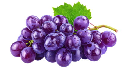 Purple grapes clustered with a leaf, displaying water droplets against a black background, creating a crisp contrast