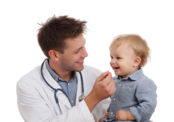 A Young Doctor Gently Examines a Smiling Baby's Mouth During a Routine Check-up isolated on a transparent background