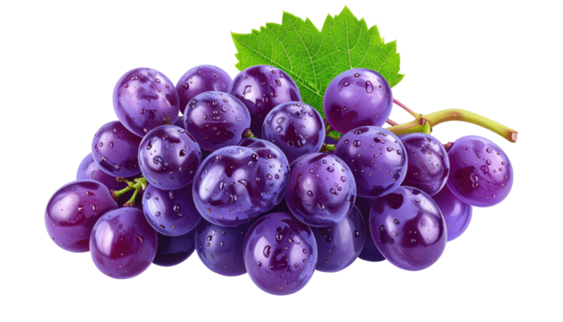 Purple grapes clustered with a leaf, displaying water droplets against a black background, creating a crisp contrast