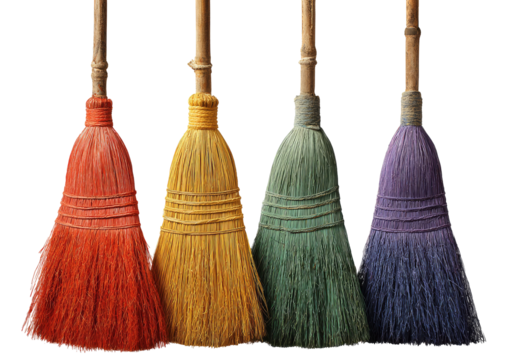 Four colorful, upright brooms, each a different shade, on a transparent background