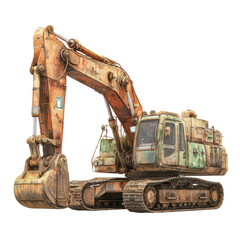 Weathered, rusty orange excavator with a large arm and bucket, on a transparent background