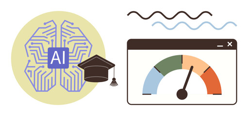 Digital interface with AI brain illustration, graduation cap, and performance gauge. Ideal for education, technology, progress tracking, data analysis, e-learning, innovation futuristic learning