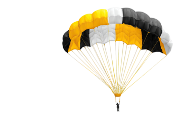 A colorful parachute, with yellow, black, and white panels, seen against a black background