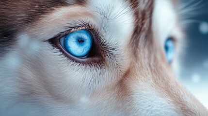 Dog A close up of a husky icy blue eyes with thick fur framing its face.