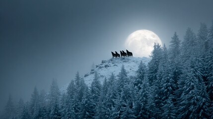Wolves on snowy mountain moonlit landscape