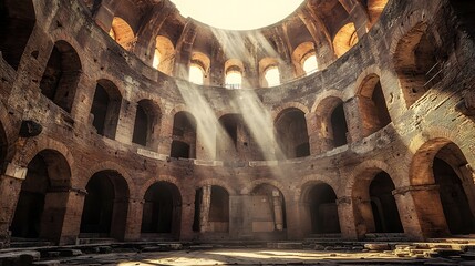 Interior of a Roman amphitheater with light streaming through arches