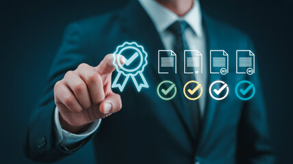Businessman points to quality assurance icons representing standards and certifications for business excellence and compliance with regulations