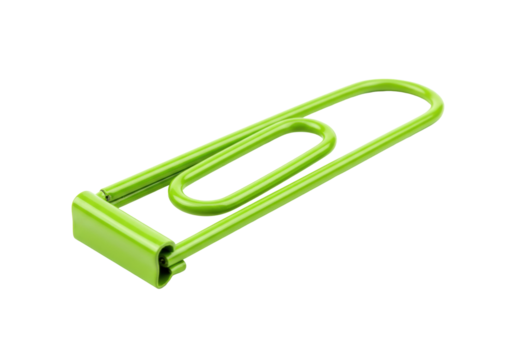 Isolated green paper clip with pressure plate, office supply to secure files or notes