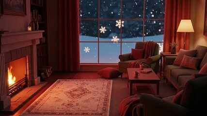 Cozy living room fireplace, snow outside window, animated virtual background for warmth